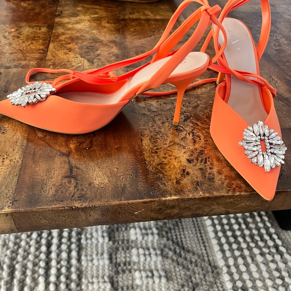 Zara - Orange ankle wrapped mules